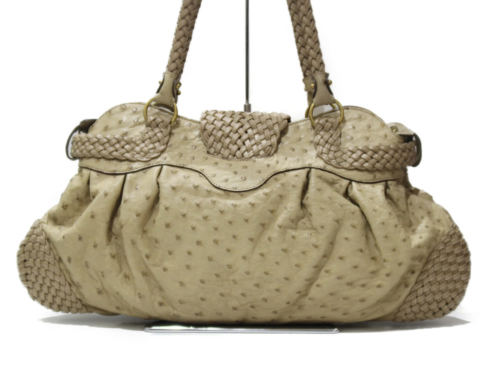 Salvatore Ferragamo Shoulder Bag Leather Beige Handbag Ostrich Gancini